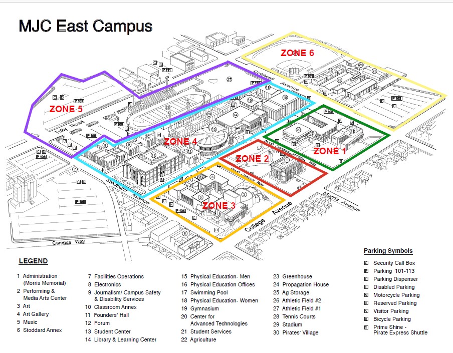 Line drawn map of east campus showing sections with colored lines surrounding numbered zones to be worked on in order of one to six.