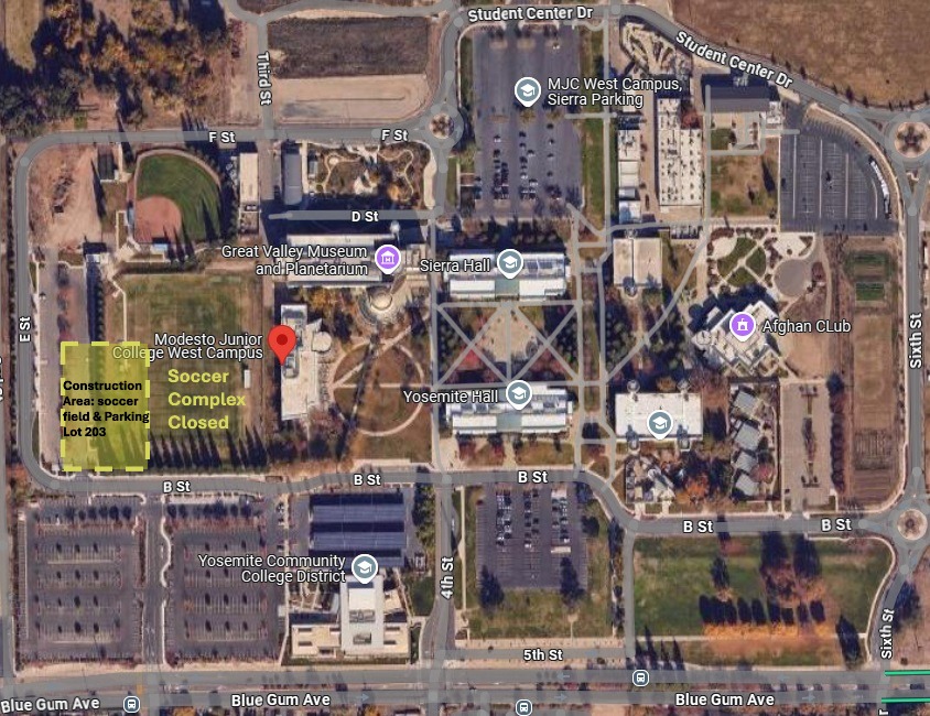 Photo of MJC West Soccer Field with southwest corner showing construction area.