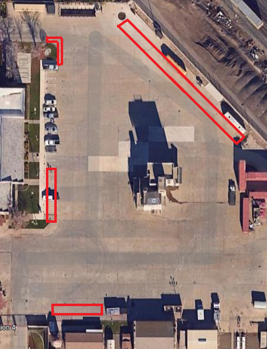 Aerial map of Regional Fire Training Center at MJC West campus with parking lot construction areas outlined in red