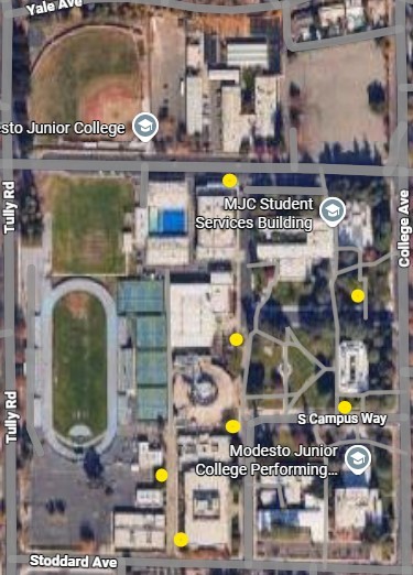 Satellite map showing MJC East campus with yellow dots indicating new map locations by MJC Gym, Student Services, Student Center, Founders Hall and the Annex.